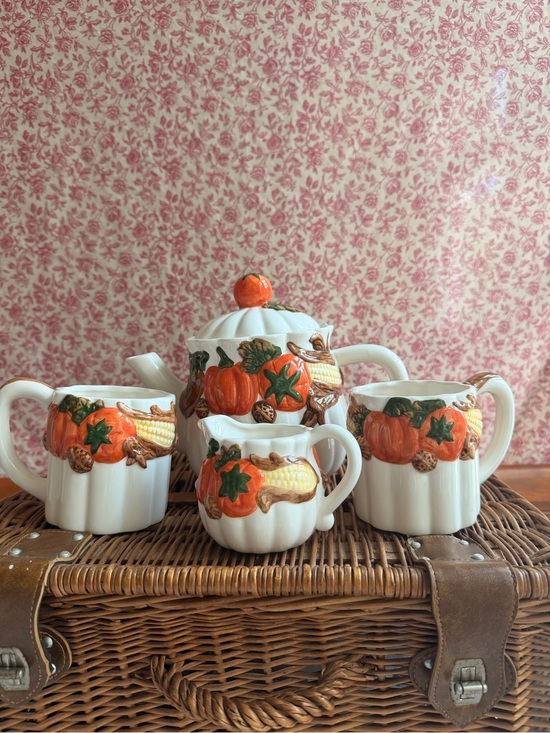 Other - Vintage Ceramic Pumpkin Harvest Tea Set - Orange & Green